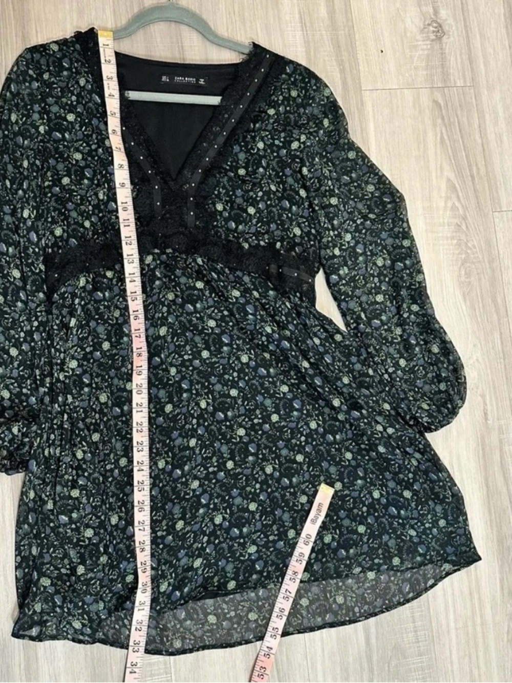 Zara Dark Floral Babydoll Mini Dress Sheer Long Sleeves Fairy Whimsigoth Large - Picture 8 of 10